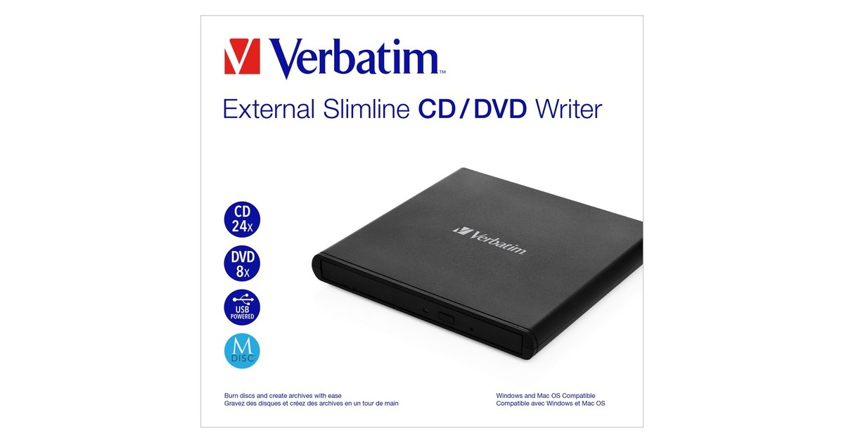 Verbatim Externer Slimline CD-DVD-Brenner, externer DVD-Brenner(schwarz, USB-A 2.0)