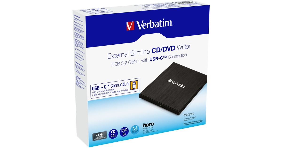 Verbatim Externer Slimline CD-DVD-Brenner, externer DVD-Brenner(USB-C 3.2 Gen 1 (5 Gbit/s))
