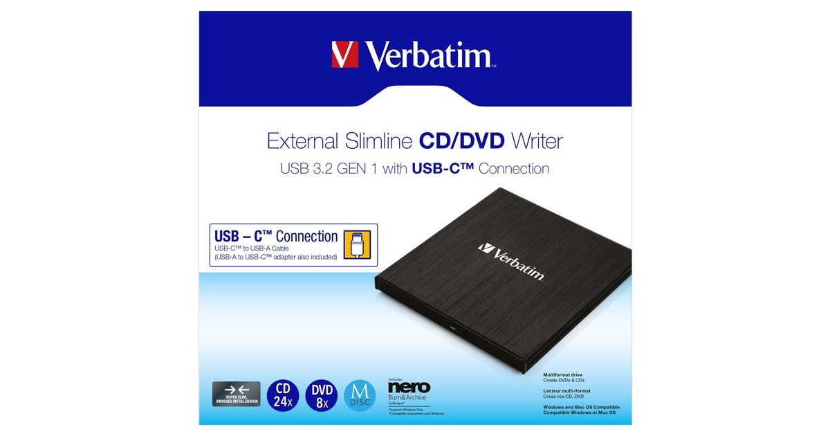 Verbatim Externer Slimline CD-DVD-Brenner, externer DVD-Brenner(USB-C 3.2 Gen 1 (5 Gbit/s))