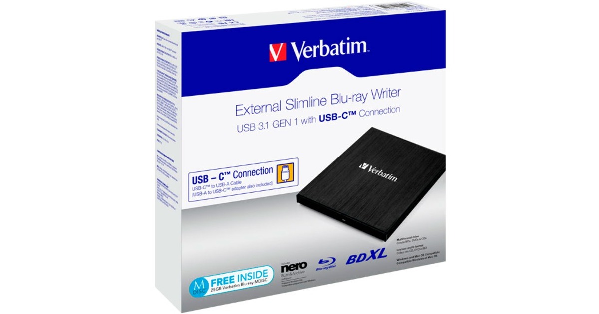 Verbatim Externer Slimline, externer Blu-ray-Brenner(schwarz, USB 3.2 Gen 1 (Typ-C))