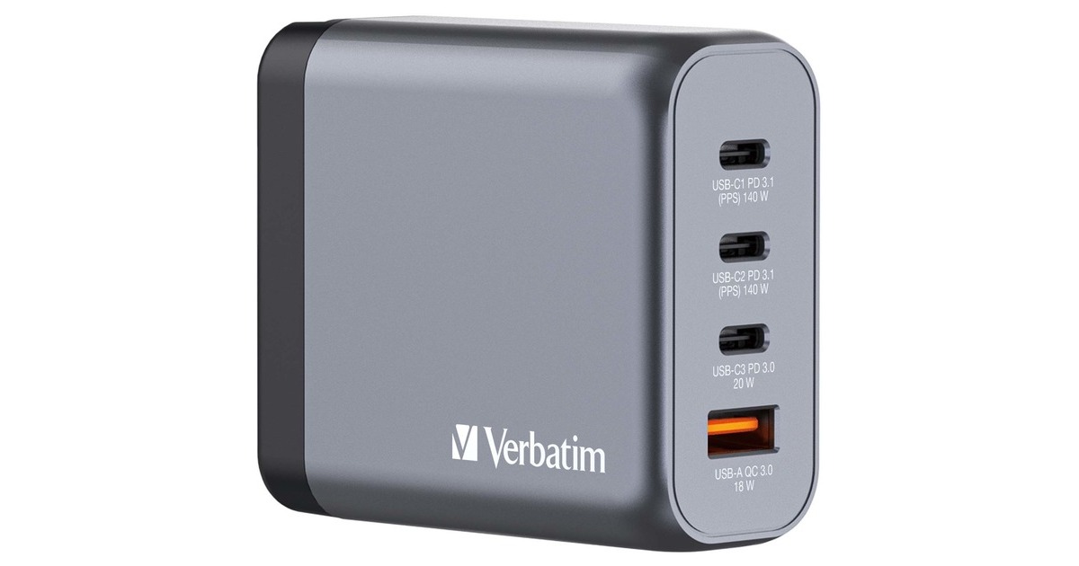 Verbatim GaN-Ladegerät 140W, 1x USB-A , 3x USB-C(grau, PD 3.1, PD 3.0, QC 3.0)