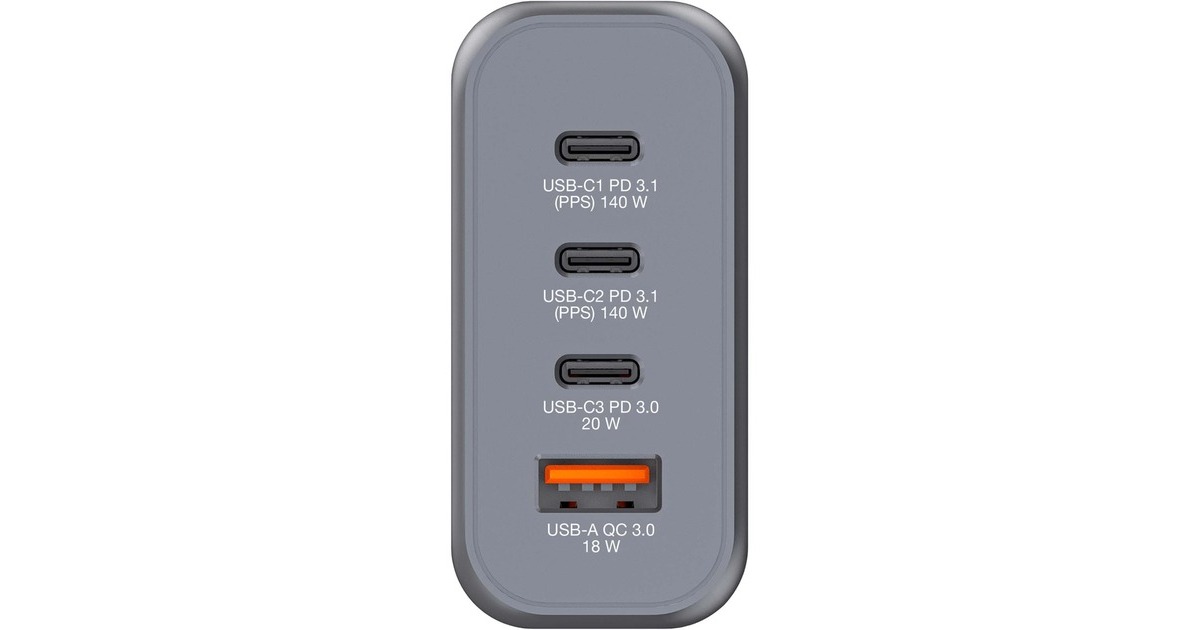 Verbatim GaN-Ladegerät 140W, 1x USB-A , 3x USB-C(grau, PD 3.1, PD 3.0, QC 3.0)