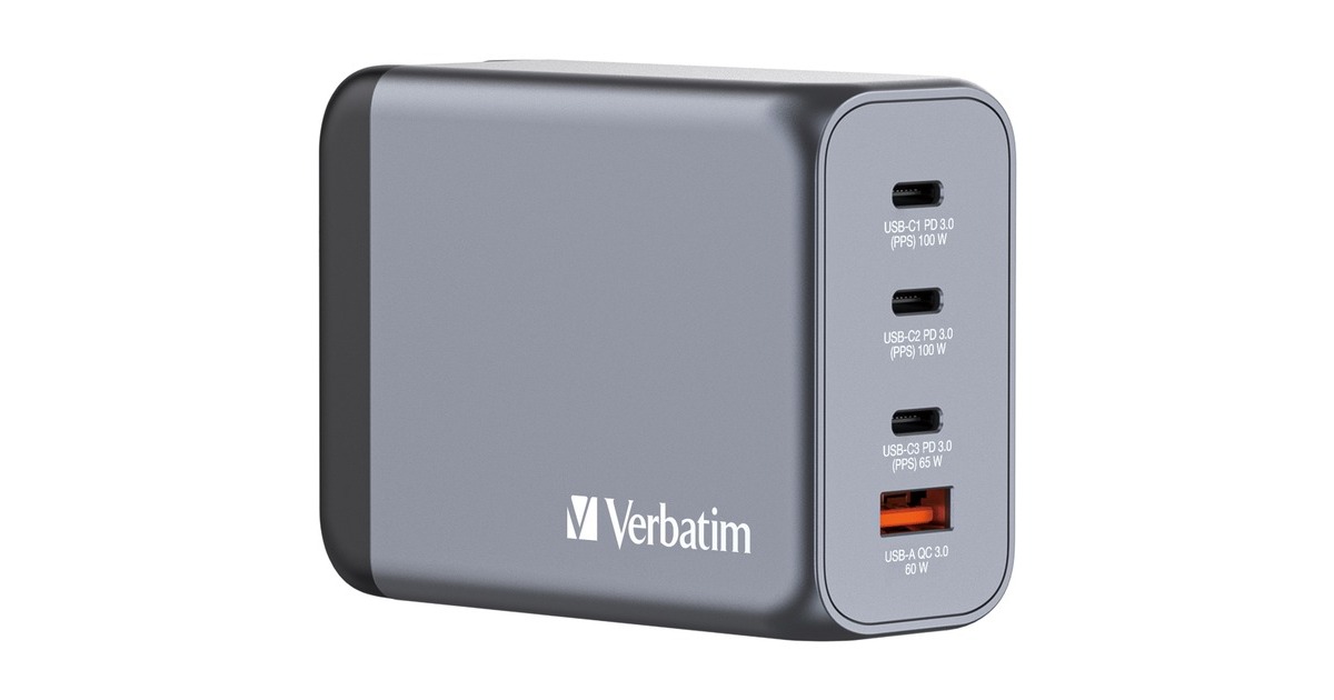 Verbatim GaN-Ladegerät 200W, 1x USB-A , 3x USB-C(grau, PD 3.0, QC 3.0)