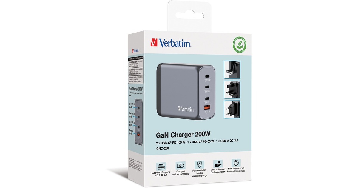 Verbatim GaN-Ladegerät 200W, 1x USB-A , 3x USB-C(grau, PD 3.0, QC 3.0)
