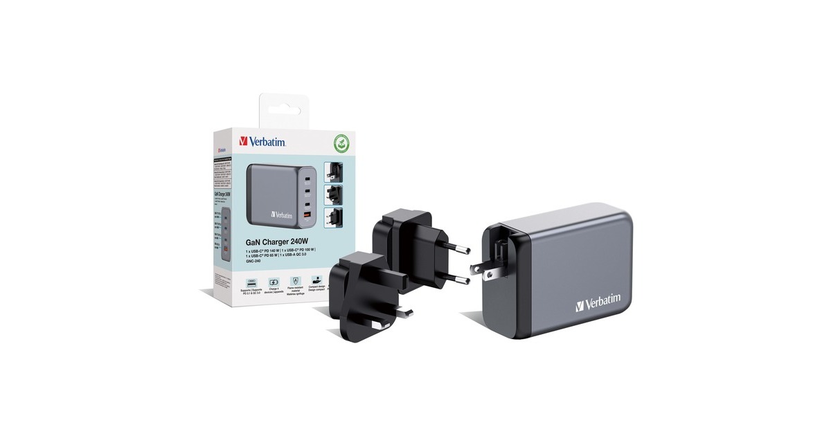 Verbatim GaN-Ladegerät 240W, 1x USB-A , 3x USB-C(grau, PD 3.0, QC 3.0)