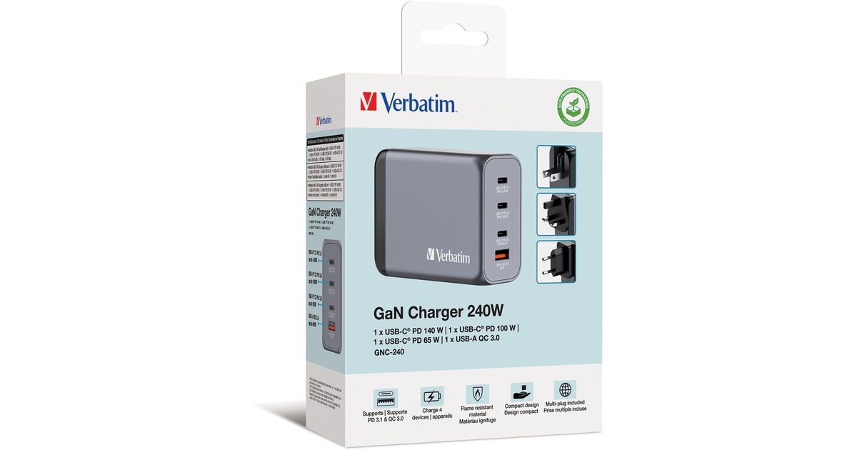 Verbatim GaN-Ladegerät 240W, 1x USB-A , 3x USB-C(grau, PD 3.0, QC 3.0)