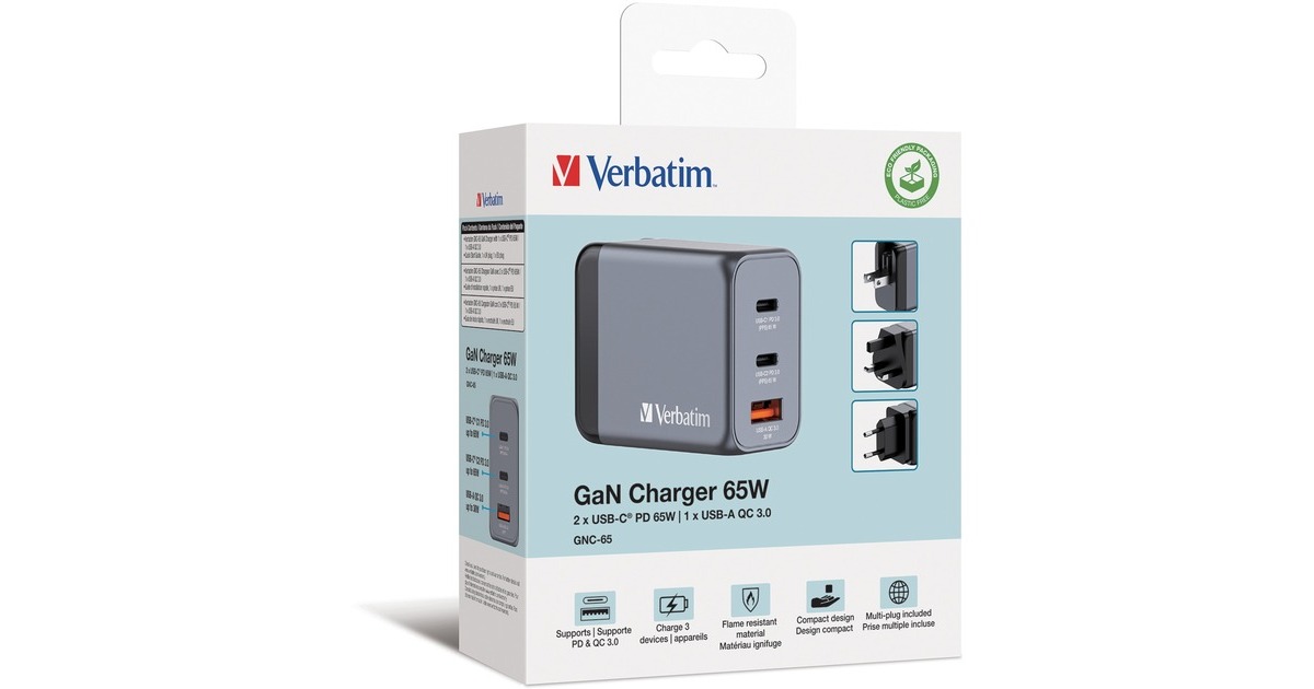 Verbatim GaN-Ladegerät 65W, 1x USB-A , 2x USB-C(grau, PD 3.0, QC 3.0)