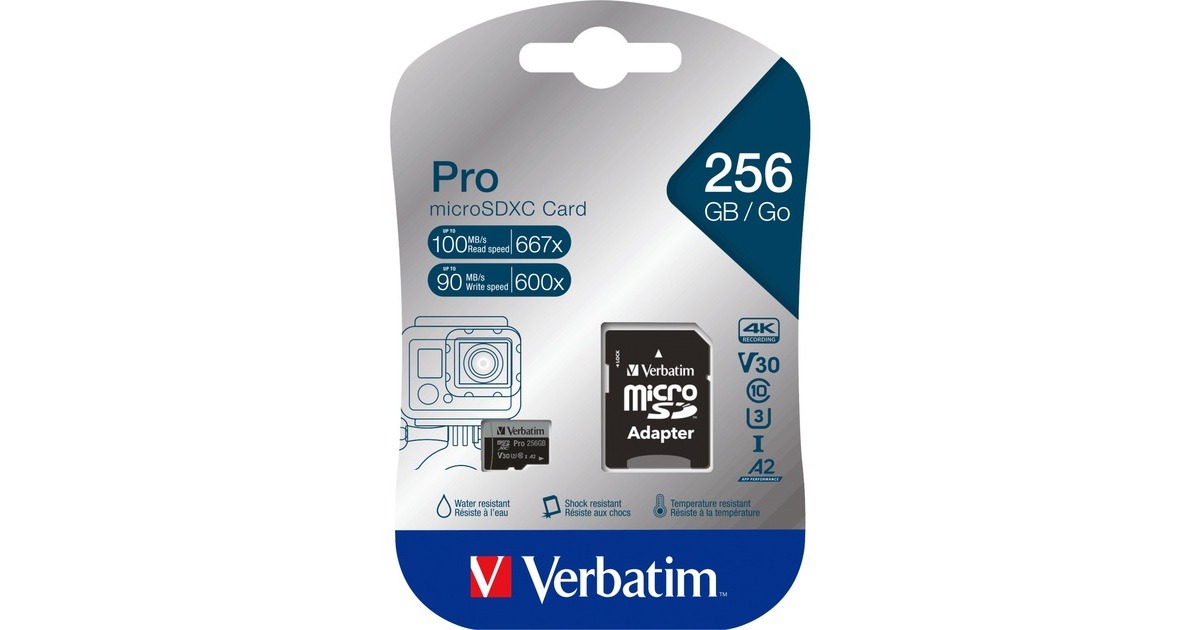 Verbatim Pro U3 256GB microSDXC, Speicherkarte(schwarz, Class 10, UHS-I (U3), V30, 4K UHD)