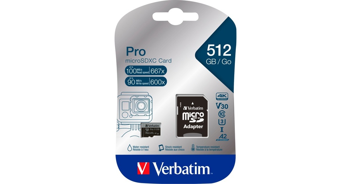 Verbatim Pro U3 512GB microSDXC, Speicherkarte(schwarz, Class 10, UHS-I (U3), V30, 4K UHD)