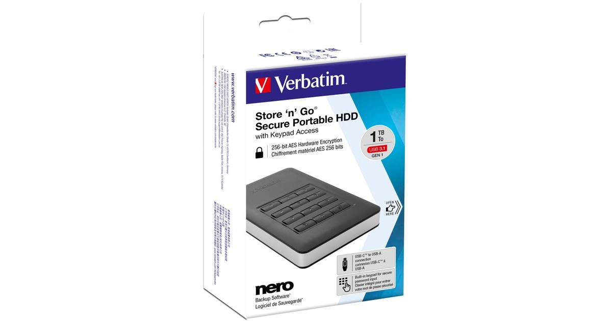 Verbatim Store 'n' Go Secure 1 TB, Externe Festplatte(schwarz/silber, USB-C 3.2 (5 Gbit/s))