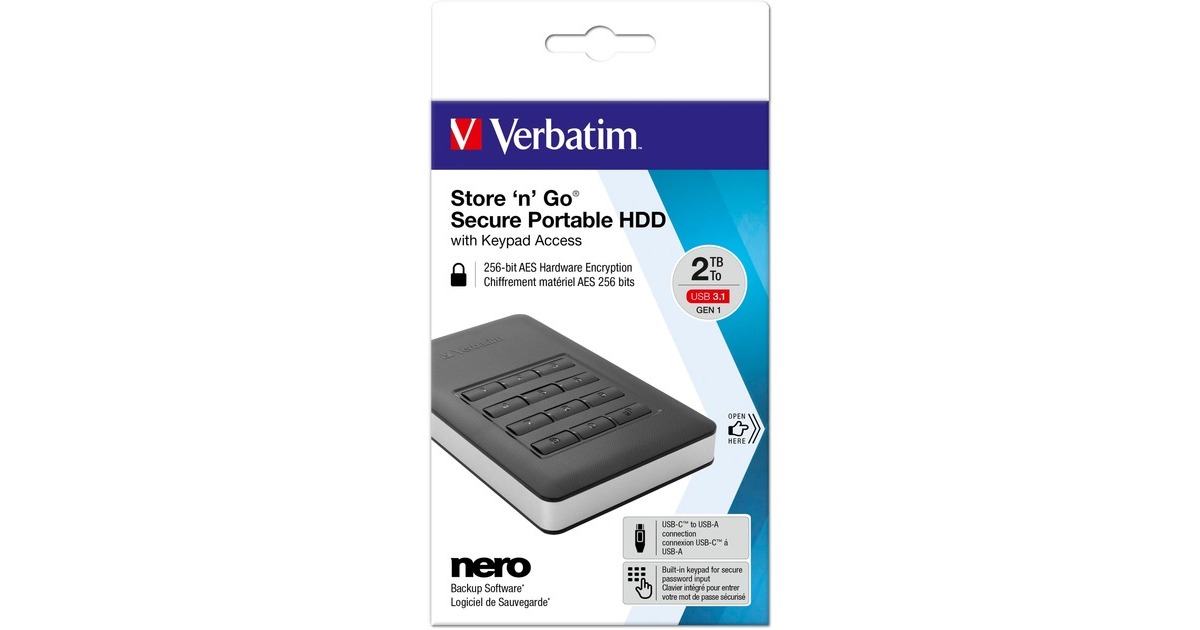 Verbatim Store 'n' Go Secure Portable, Externe Festplatte(schwarz/silber, USB-C 3.2 (5 Gbit/s))