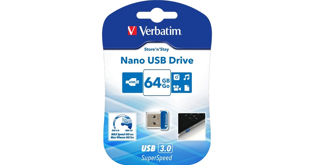 Verbatim Store 'n' Stay Nano 64 GB, USB-Stick(blau, USB-A 3.2 Gen 1)