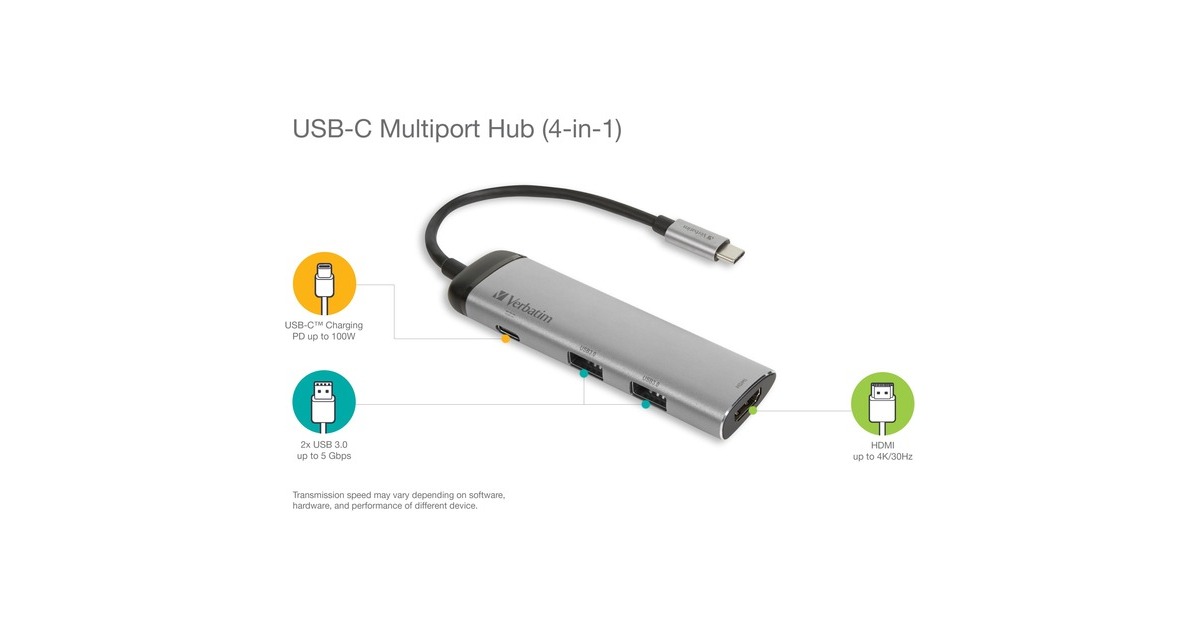 2x USB-A + USB-C Buchse + HDMI-Buchse, USB-Hub(silber/schwarz, PD, Laden mit bis zu 100 Watt)