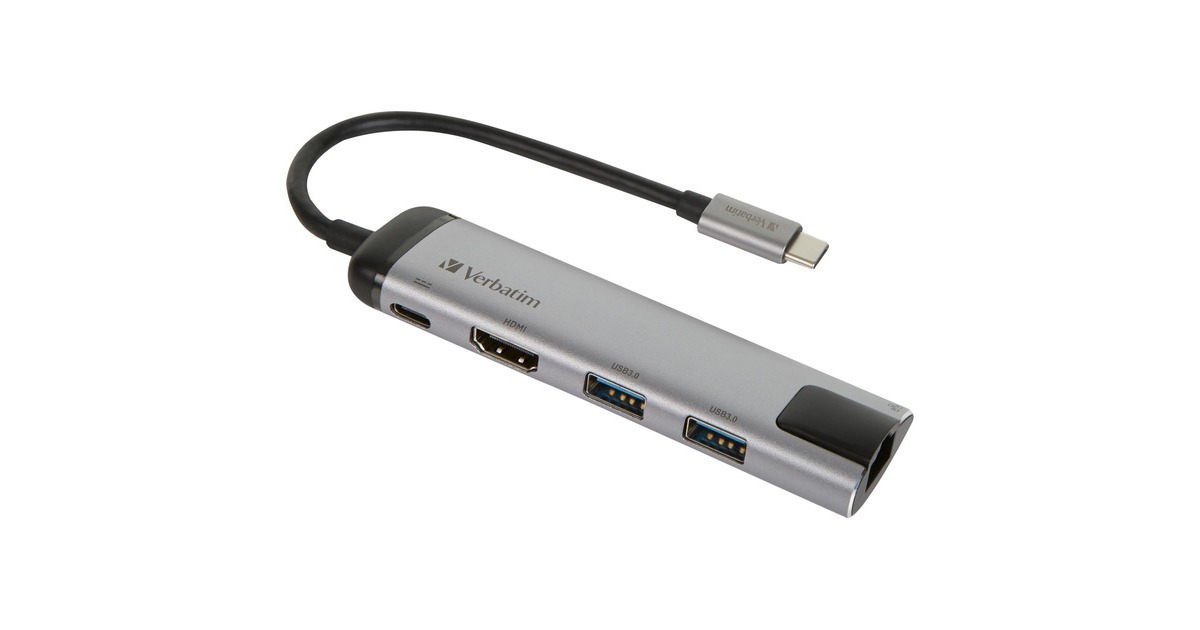 2x USB-A + USB-C Buchse + HDMI-Buchse + RJ-45 Buchse, USB-Hub(silber/schwarz, PD, Laden mit bis zu 100 Watt)