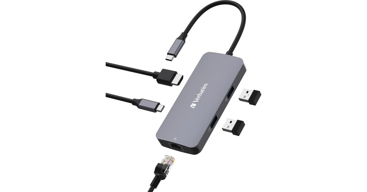 Verbatim USB-C Pro Multiport-Hub CMH-05, 5 Port, Dockingstation(grau, HDMI, RJ-45, 2x USB-A, USB-C PD)