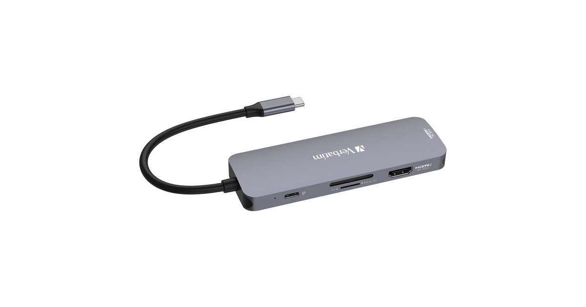 Verbatim USB-C Pro Multiport-Hub CMH-08, 8 Port, Dockingstation(grau, 2x HDMI, 3x USB-A, USB-C PD, SD, microSD)
