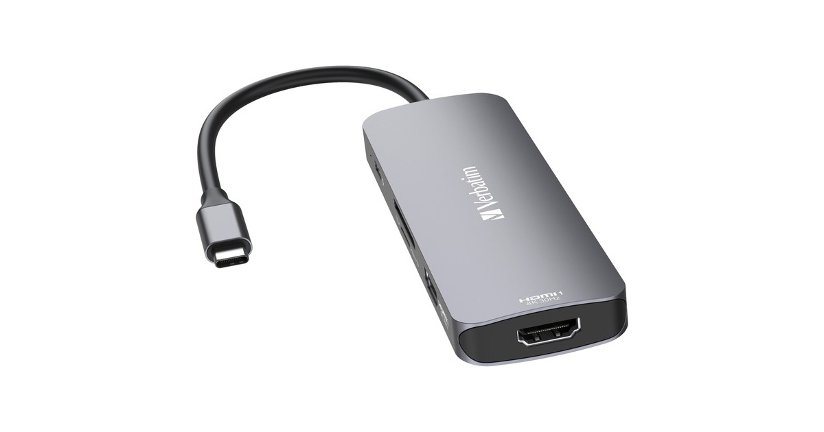 Verbatim USB-C Pro Multiport-Hub CMH-08, 8 Port, Dockingstation(grau, 2x HDMI, 3x USB-A, USB-C PD, SD, microSD)