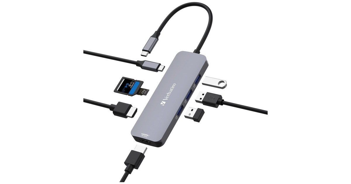 Verbatim USB-C Pro Multiport-Hub CMH-08, 8 Port, Dockingstation(grau, 2x HDMI, 3x USB-A, USB-C PD, SD, microSD)
