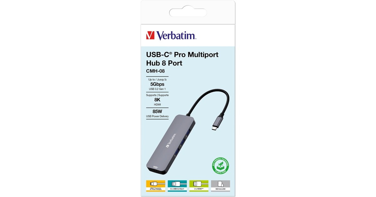 Verbatim USB-C Pro Multiport-Hub CMH-08, 8 Port, Dockingstation(grau, 2x HDMI, 3x USB-A, USB-C PD, SD, microSD)