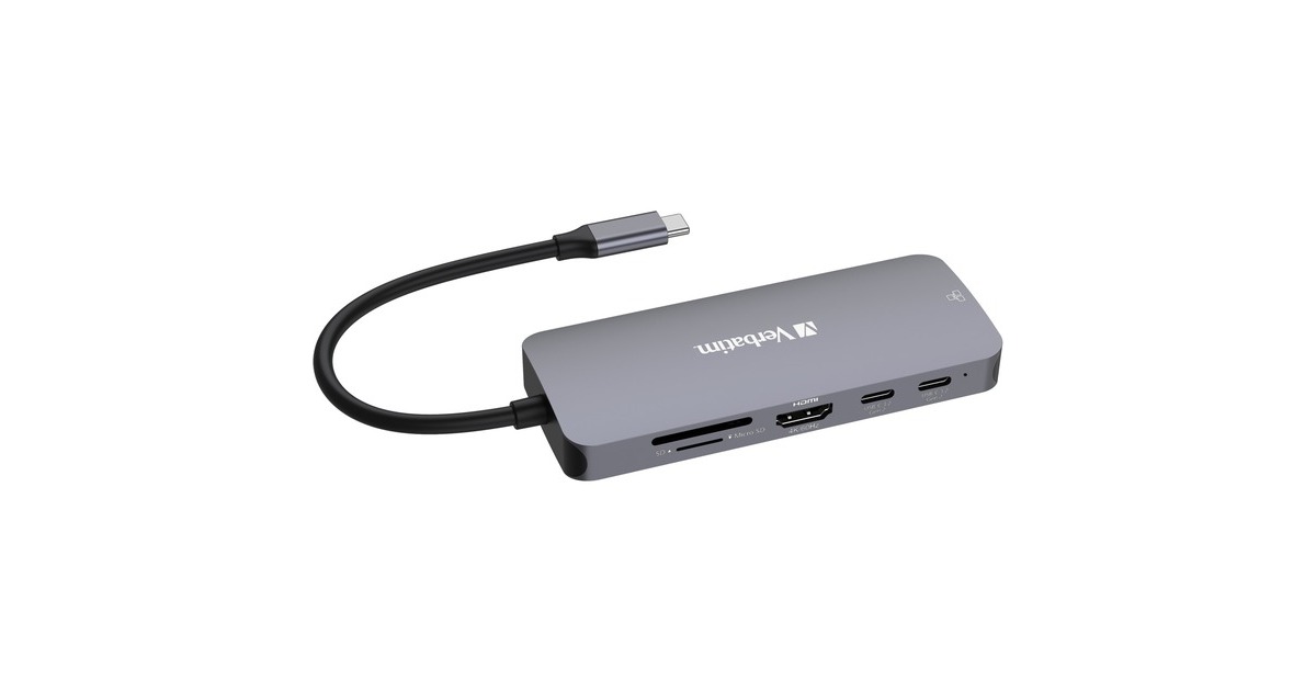 Verbatim USB-C Pro Multiport-Hub CMH-09, 9 Port , Dockingstation(grau, HDMI, RJ-45, 3x USB-A, 2x USB-C, PD, SD, microSD)