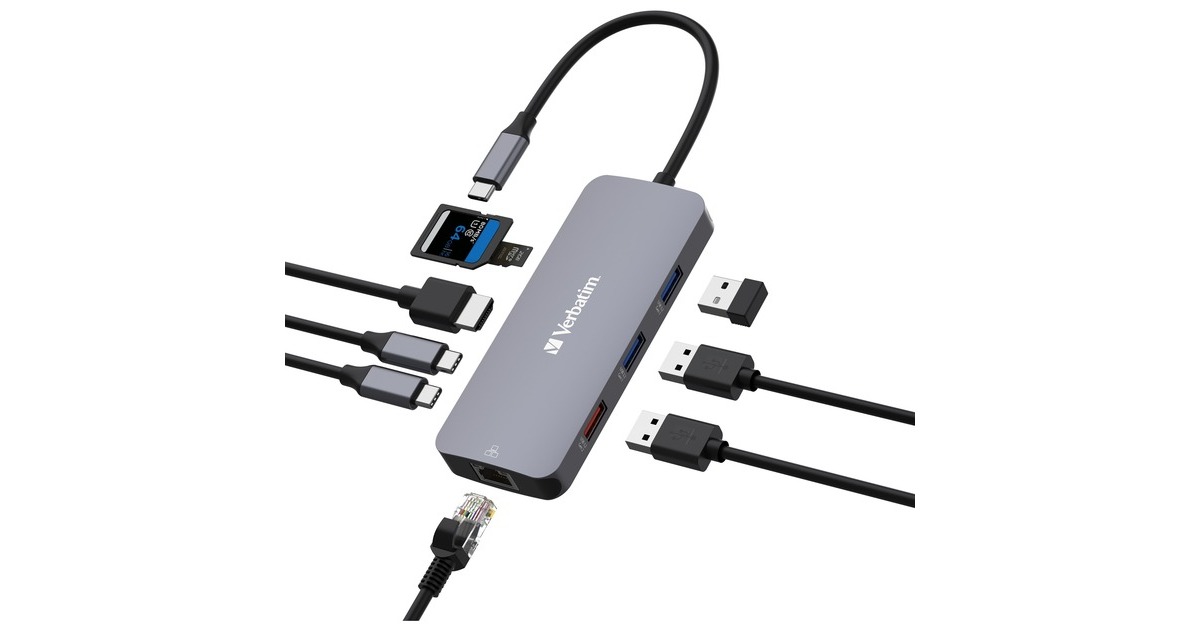 Verbatim USB-C Pro Multiport-Hub CMH-09, 9 Port , Dockingstation(grau, HDMI, RJ-45, 3x USB-A, 2x USB-C, PD, SD, microSD)