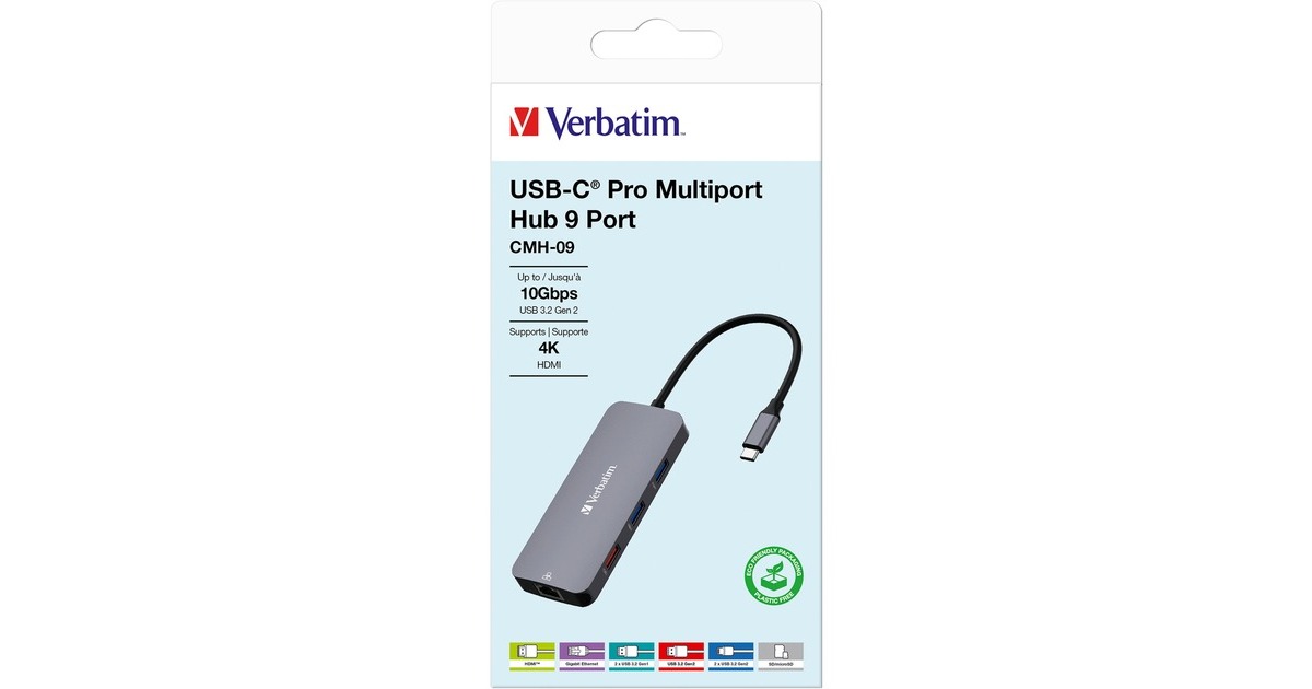 Verbatim USB-C Pro Multiport-Hub CMH-09, 9 Port , Dockingstation(grau, HDMI, RJ-45, 3x USB-A, 2x USB-C, PD, SD, microSD)