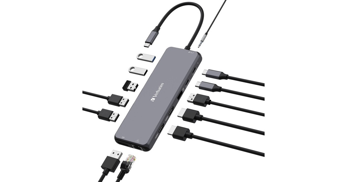 Verbatim USB-C Pro Multiport-Hub CMH-13, 13 Port, Dockingstation(grau, 2x HDMI, DP, RJ-45, 6x USB-A, Audio, 2x USB-C PD)
