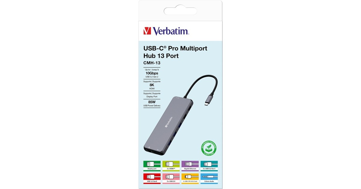 Verbatim USB-C Pro Multiport-Hub CMH-13, 13 Port, Dockingstation(grau, 2x HDMI, DP, RJ-45, 6x USB-A, Audio, 2x USB-C PD)