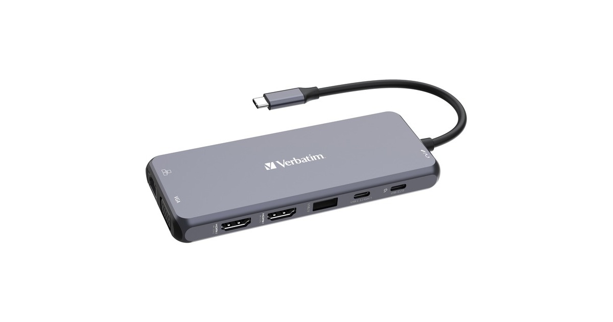 Verbatim USB-C Pro Multiport-Hub CMH-14, 14 Port, Dockingstation(grau, 2x HDMI, VGA, RJ-45, 5x USB-A, Audio, 2x USB-C, PD, SD, microSD)