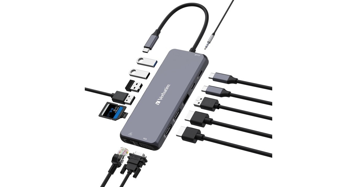 Verbatim USB-C Pro Multiport-Hub CMH-14, 14 Port, Dockingstation(grau, 2x HDMI, VGA, RJ-45, 5x USB-A, Audio, 2x USB-C, PD, SD, microSD)