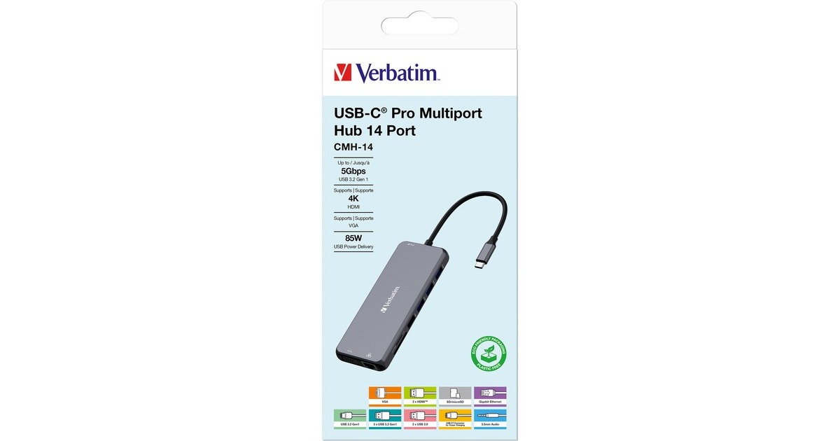 Verbatim USB-C Pro Multiport-Hub CMH-14, 14 Port, Dockingstation(grau, 2x HDMI, VGA, RJ-45, 5x USB-A, Audio, 2x USB-C, PD, SD, microSD)