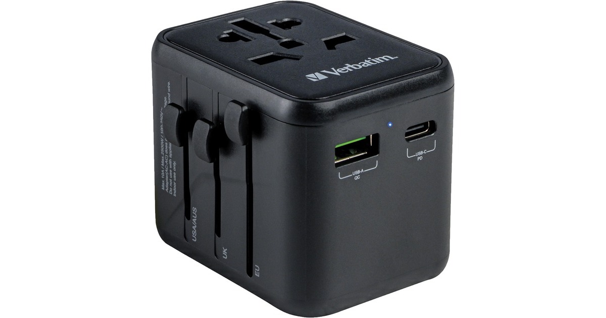 Verbatim Universal-Reiseadapter UTA-02, Reisestecker(schwarz, 1x USB-A, 1x USB-C)