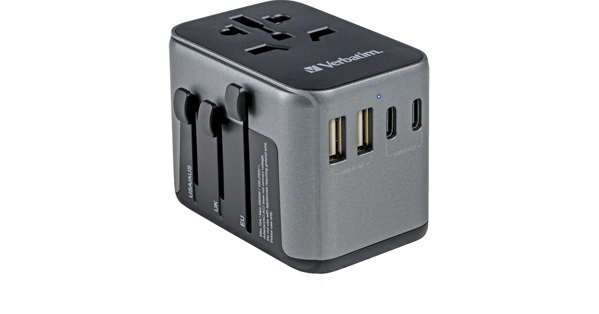 Verbatim Universal-Reiseadapter UTA-03, Reisestecker(schwarz/silber, 2x USB-A, 3x USB-C)