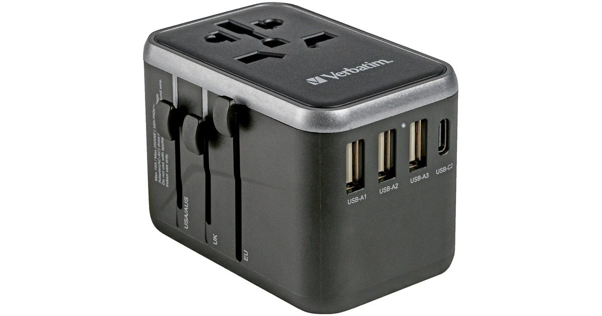 Verbatim Universal-Reiseadapter UTA-04, Reisestecker(schwarz/silber, 3x USB-A, 2x USB-C)