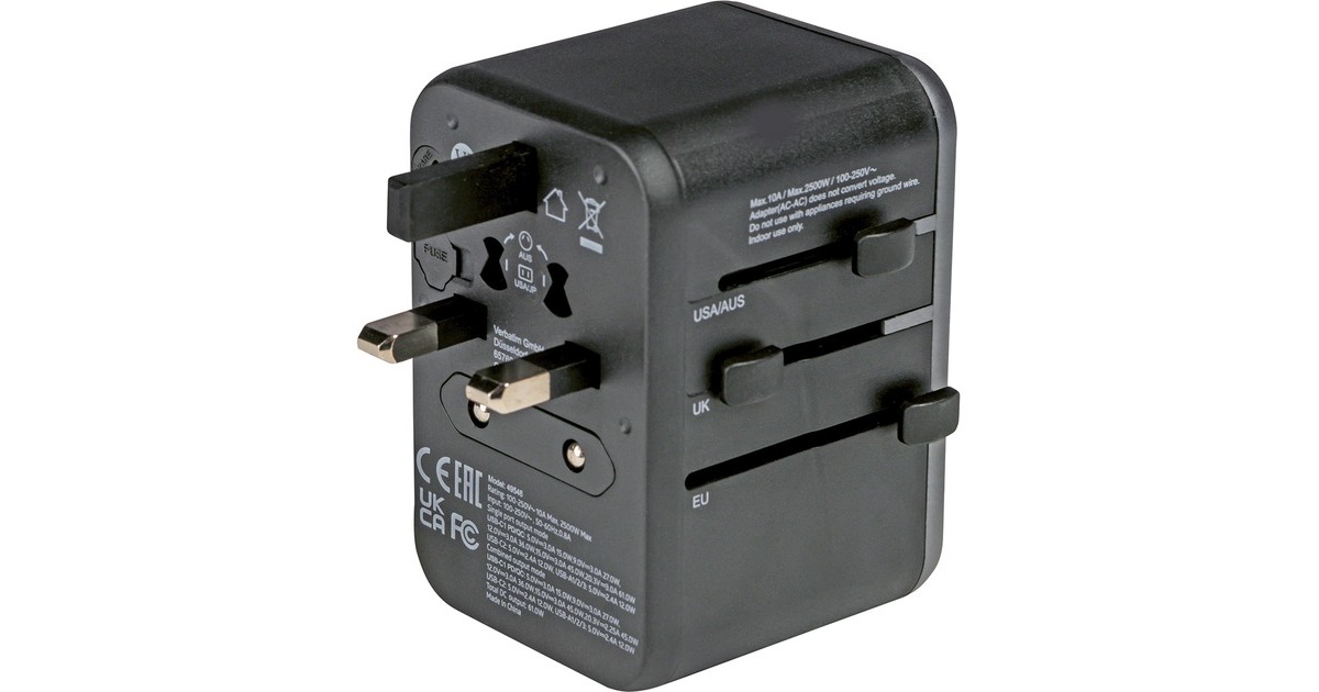 Verbatim Universal-Reiseadapter UTA-04, Reisestecker(schwarz/silber, 3x USB-A, 2x USB-C) Verbatim Universal-Reiseadapter UTA-04, Reisestecker(schwarz/silber, 3x USB-A, 2x USB-C)