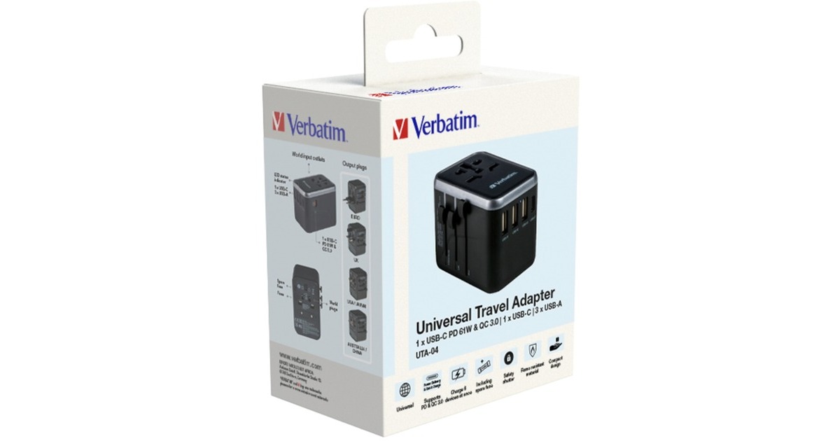 Verbatim Universal-Reiseadapter UTA-04, Reisestecker(schwarz/silber, 3x USB-A, 2x USB-C) Verbatim Universal-Reiseadapter UTA-04, Reisestecker(schwarz/silber, 3x USB-A, 2x USB-C)
