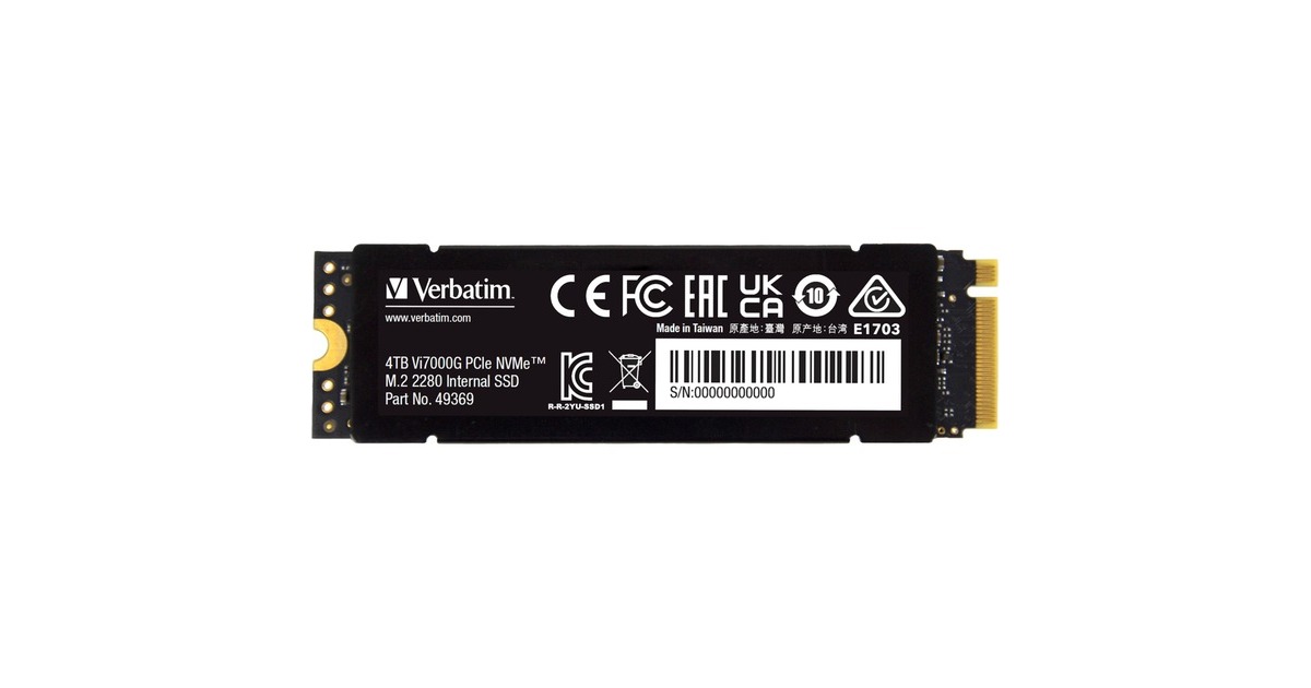Verbatim Vi7000G 4 TB, SSD(schwarz, PCIe 4.0 x4, NVMe, M.2 2280, Kühlkörper) Verbatim Vi7000G 4 TB, SSD(schwarz, PCIe 4.0 x4, NVMe, M.2 2280, Kühlkörper)