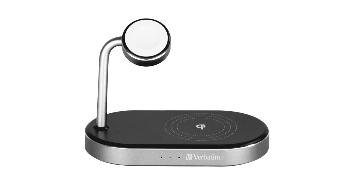 Verbatim Wireless 3-in-1 Ladeständer WCS-02, Qi, MFi, Ladestation(schwarz/aluminium, für Apple Watch, iPhone u.a.)