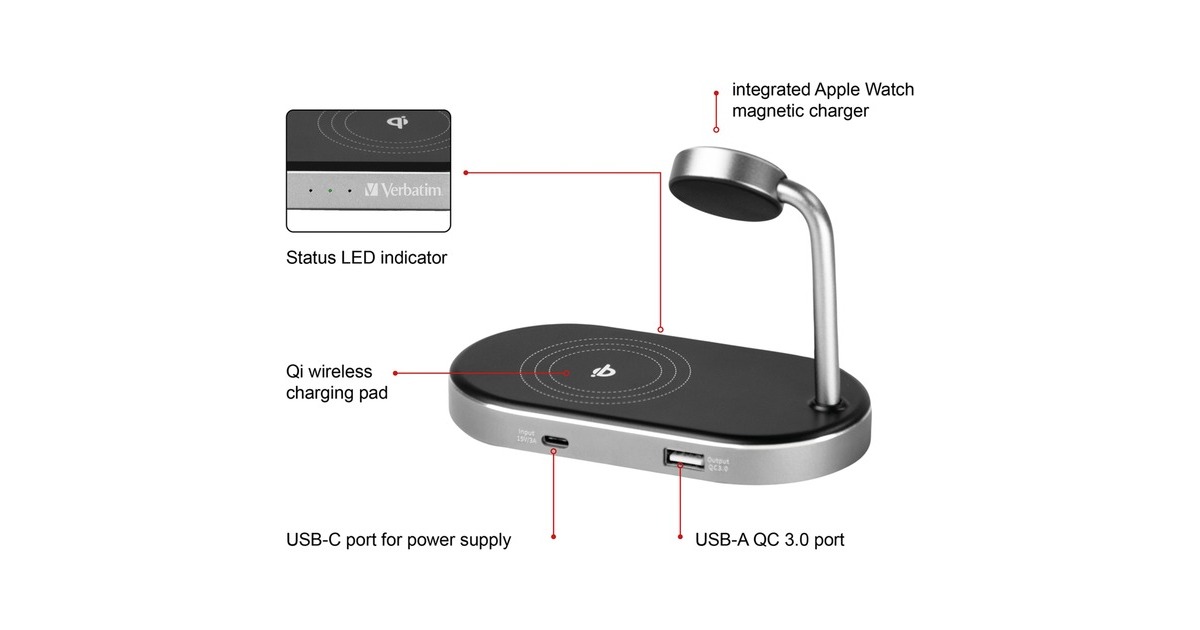 Verbatim Wireless 3-in-1 Ladeständer WCS-02, Qi, MFi, Ladestation(schwarz/aluminium, für Apple Watch, iPhone u.a.)