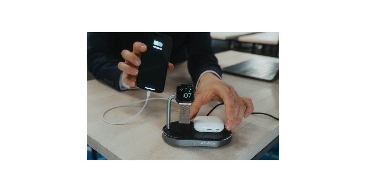 Verbatim Wireless 3-in-1 Ladeständer WCS-02, Qi, MFi, Ladestation(schwarz/aluminium, für Apple Watch, iPhone u.a.)