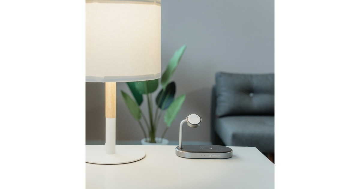 Verbatim Wireless 3-in-1 Ladeständer WCS-02, Qi, MFi, Ladestation(schwarz/aluminium, für Apple Watch, iPhone u.a.)