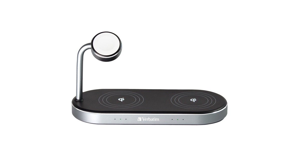 Verbatim Wireless 3-in-1 Ladeständer WCS-03, Qi, MFi, Ladestation(schwarz/aluminium, für Apple Watch, iPhone u.a.)