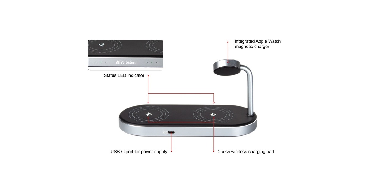 Verbatim Wireless 3-in-1 Ladeständer WCS-03, Qi, MFi, Ladestation(schwarz/aluminium, für Apple Watch, iPhone u.a.)