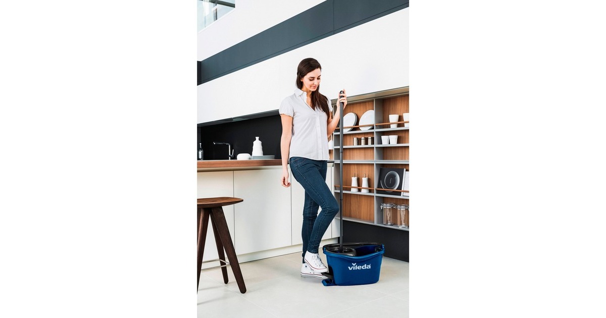 Vileda Wischmop-Set Turbo Easy Wring & Clean Box, Bodenwischer(blau/schwarz, inkl. Powerschleuder und Fußpedal)