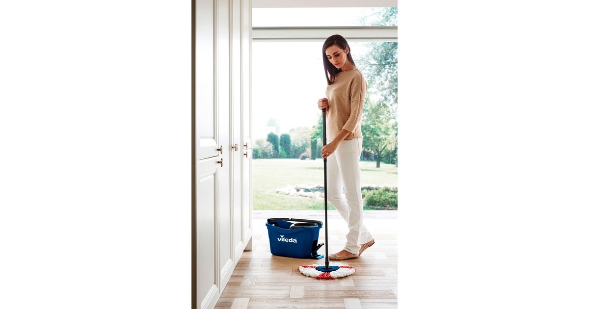 Vileda Wischmop-Set Turbo Easy Wring & Clean Box, Bodenwischer(blau/schwarz, inkl. Powerschleuder und Fußpedal)