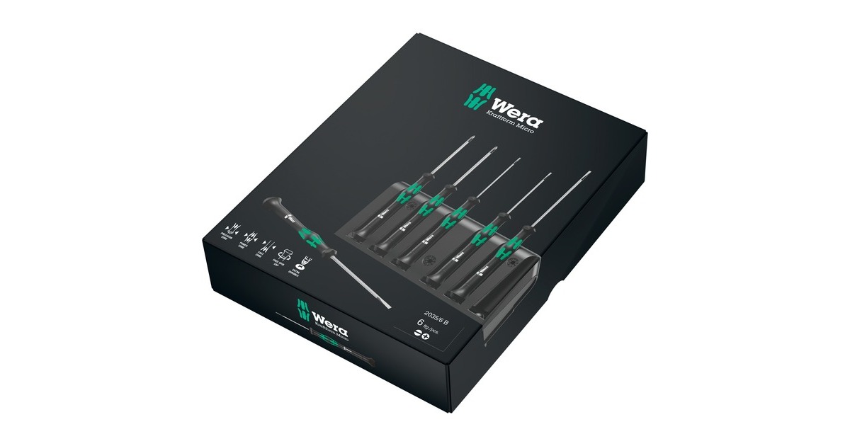Wera 2035/6 B Elektronik-Schraubendrehersatz + Rack(schwarz/grün, 6-teilig, mit Black Point Spitze)
