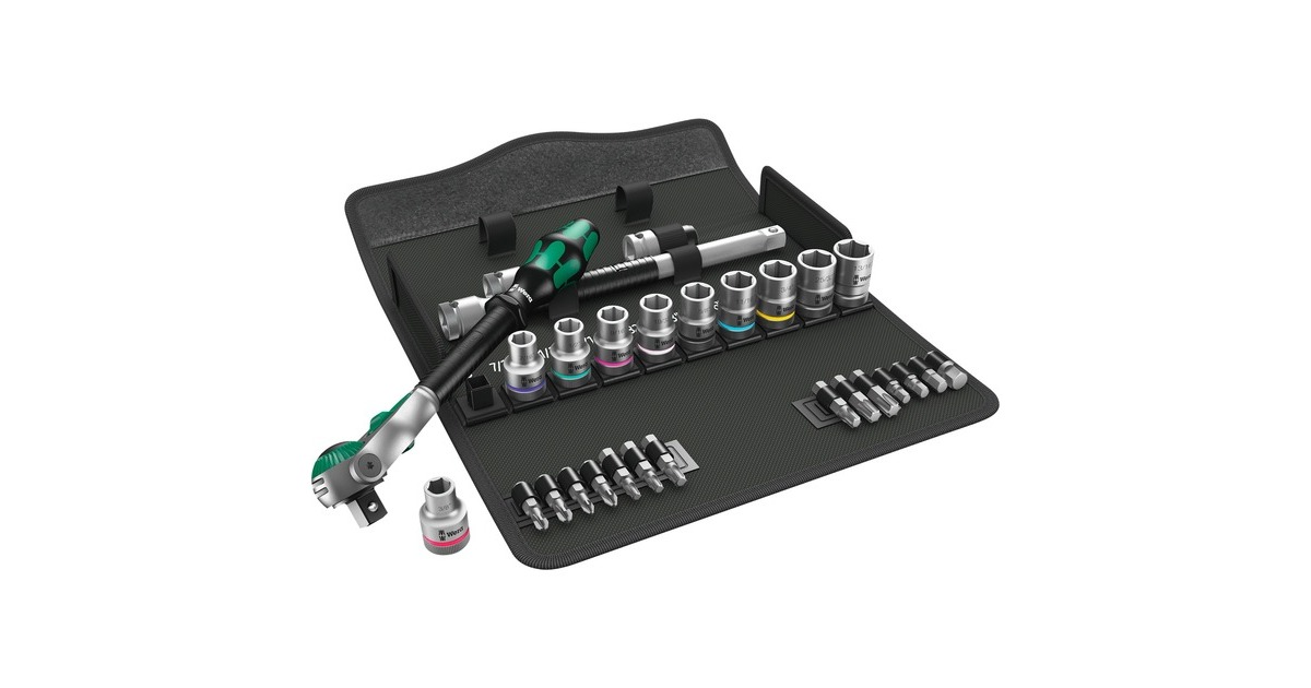 Wera 8100 SC 9 Zyklop Speed-Knarrensatz, zöllig, 28‑teilig, Werkzeug-Set(schwarz/grün, 1/2", Speed-Knarre mit schwenkbarem Kopf)