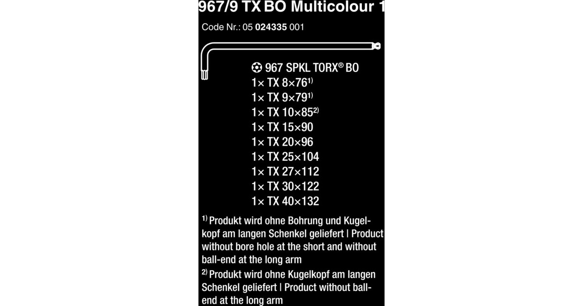 Wera 967/9 TX BO Multicolour 1 Winkelschlüsselsatz, 9-teilig, Schraubendreher(mit Halteclip, BlackLaser-Oberfläche)