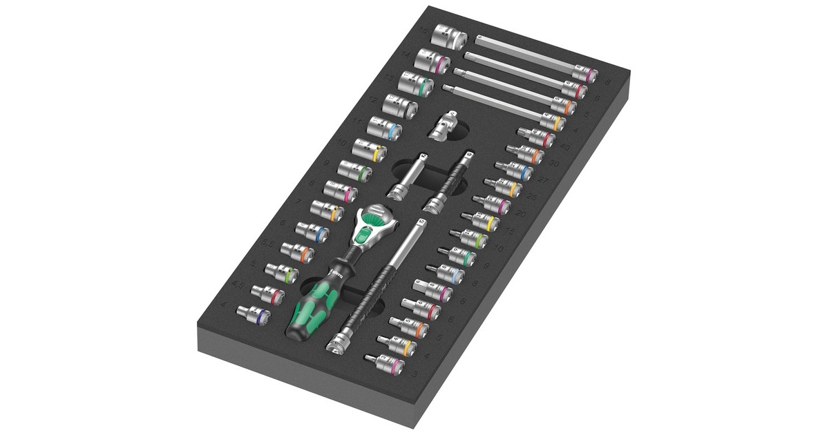 Wera 9720 Schaumstoffeinlage 8000 A Zyklop Knarre 1/4" Set 1, 37‑teilig, Werkzeug-Set(schwarz/grau, Knarren- und Stecknuss-Satz, in Schaumstoffeinlage für Werkstattwagen)