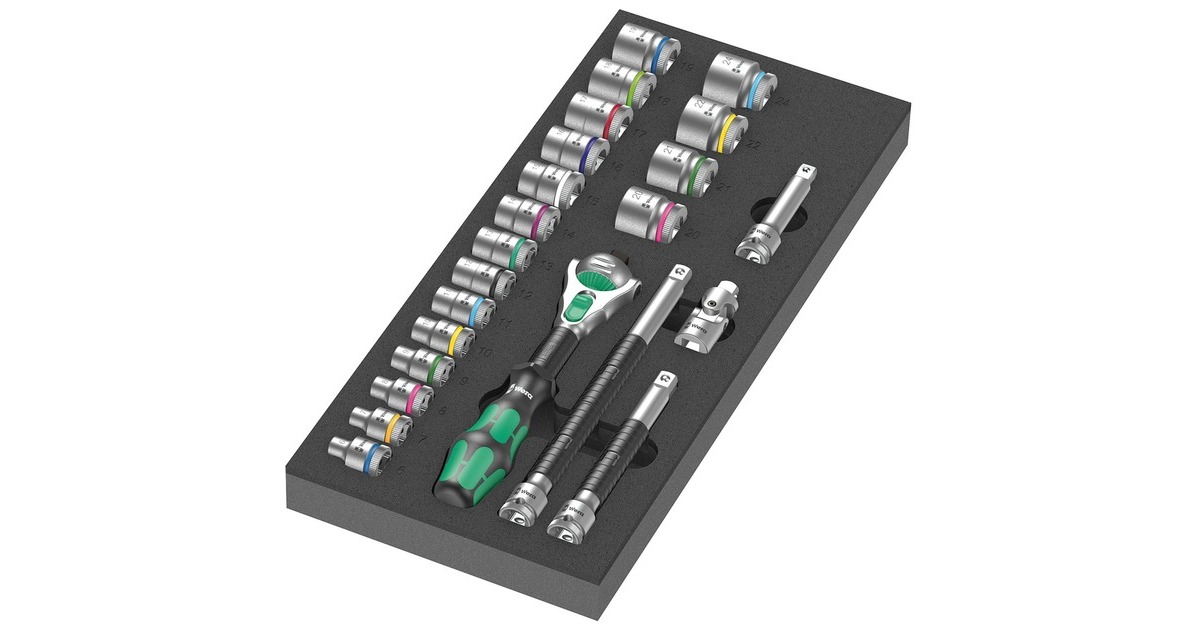 Wera 9721 Schaumstoffeinlage 8000 B Zyklop Knarre 3/8" Set 1, 23‑teilig, Werkzeug-Set(schwarz/grau, Knarren- und Stecknuss-Satz, in Schaumstoffeinlage für Werkstattwagen)